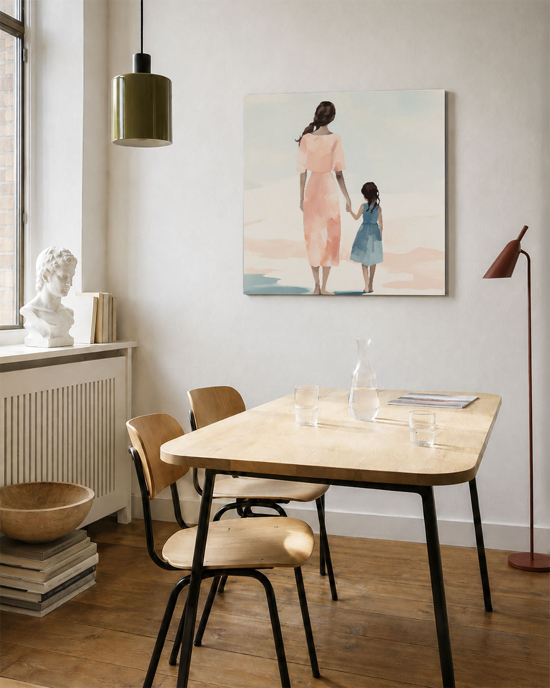 Moeder en kind kunstwerk – vierkante wanddecoratie – dit kunstwerk toont een vrouw en een kind hand in hand, met zachte