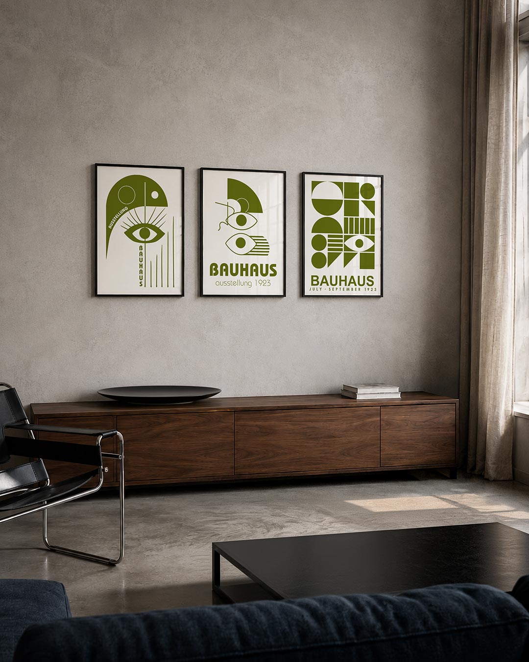 Oog en lijnen posterset – tweede productweergave – een groene compositie met een centraal oog, omringd door strakke lijnen en
