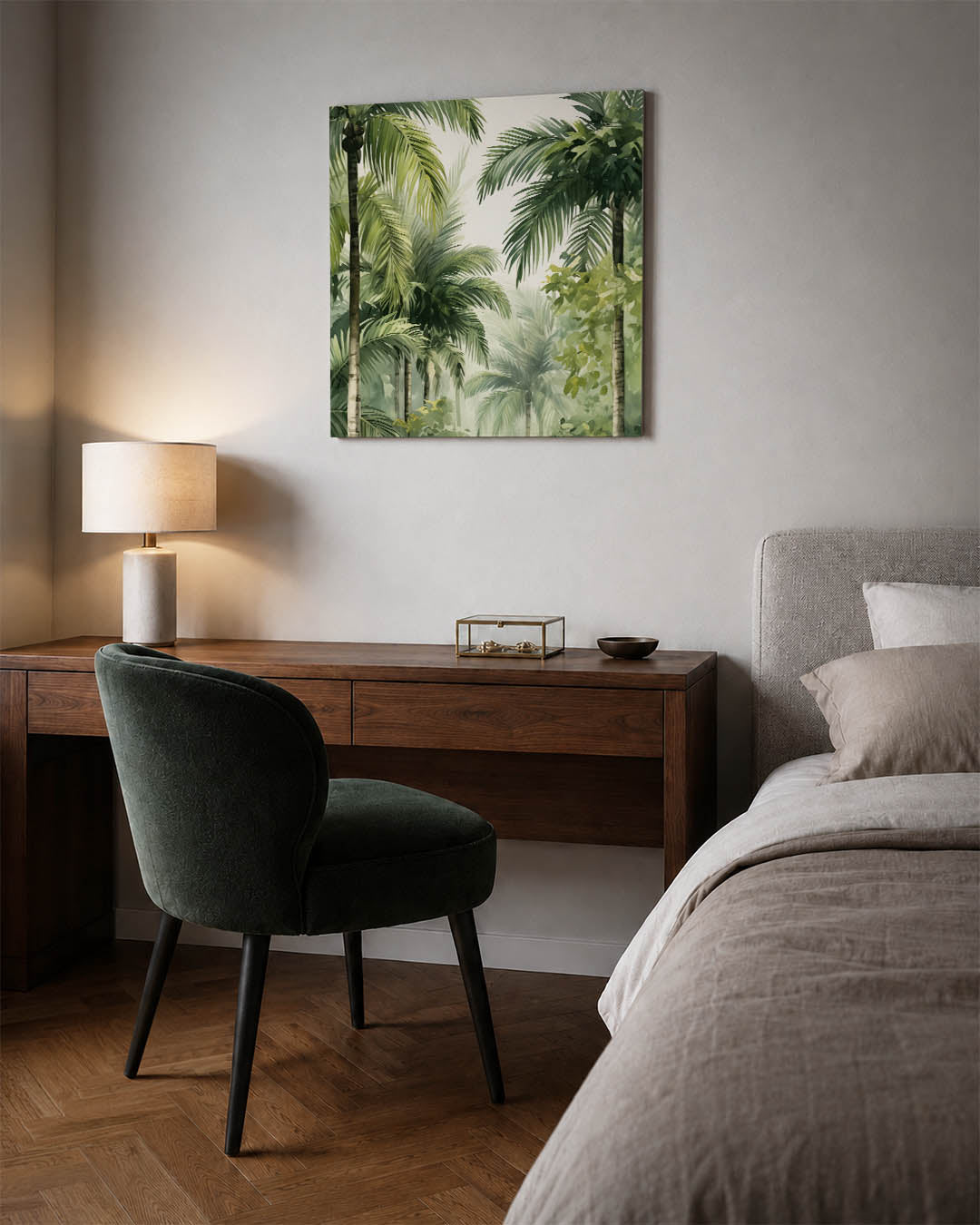 Tropische palmbladeren kunstwerk – materiaalweergave – dit werk toont weelderige palmbladeren in verschillende tinten groen