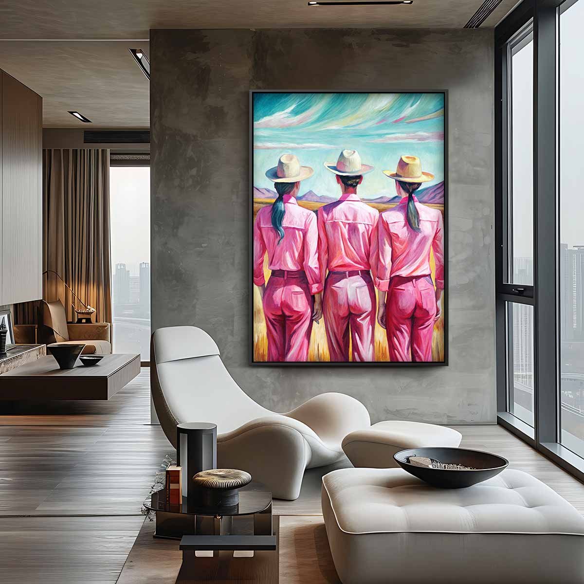 Trio in Roze Landschap – staand kunstwerk voor modern interieur