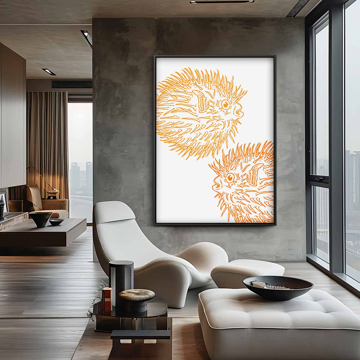 Opvallende Oranje Kogelvis Illustratie – canvas wanddecoratie in portret formaat