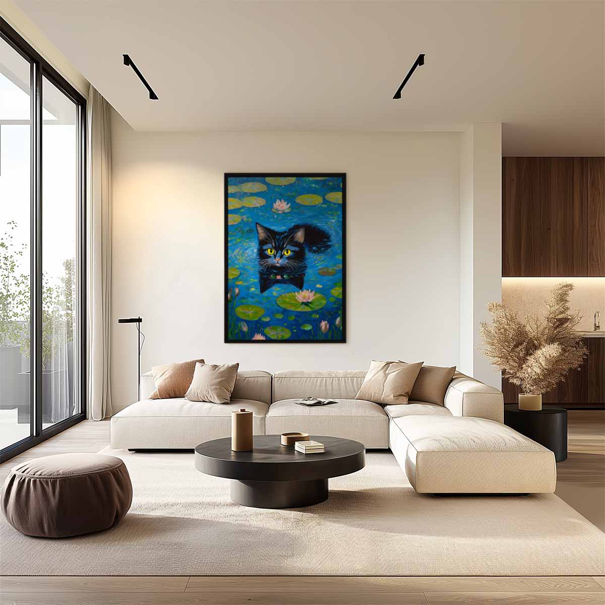 Zwemmende Kat in Watertuin – staand kunstwerk voor modern interieur