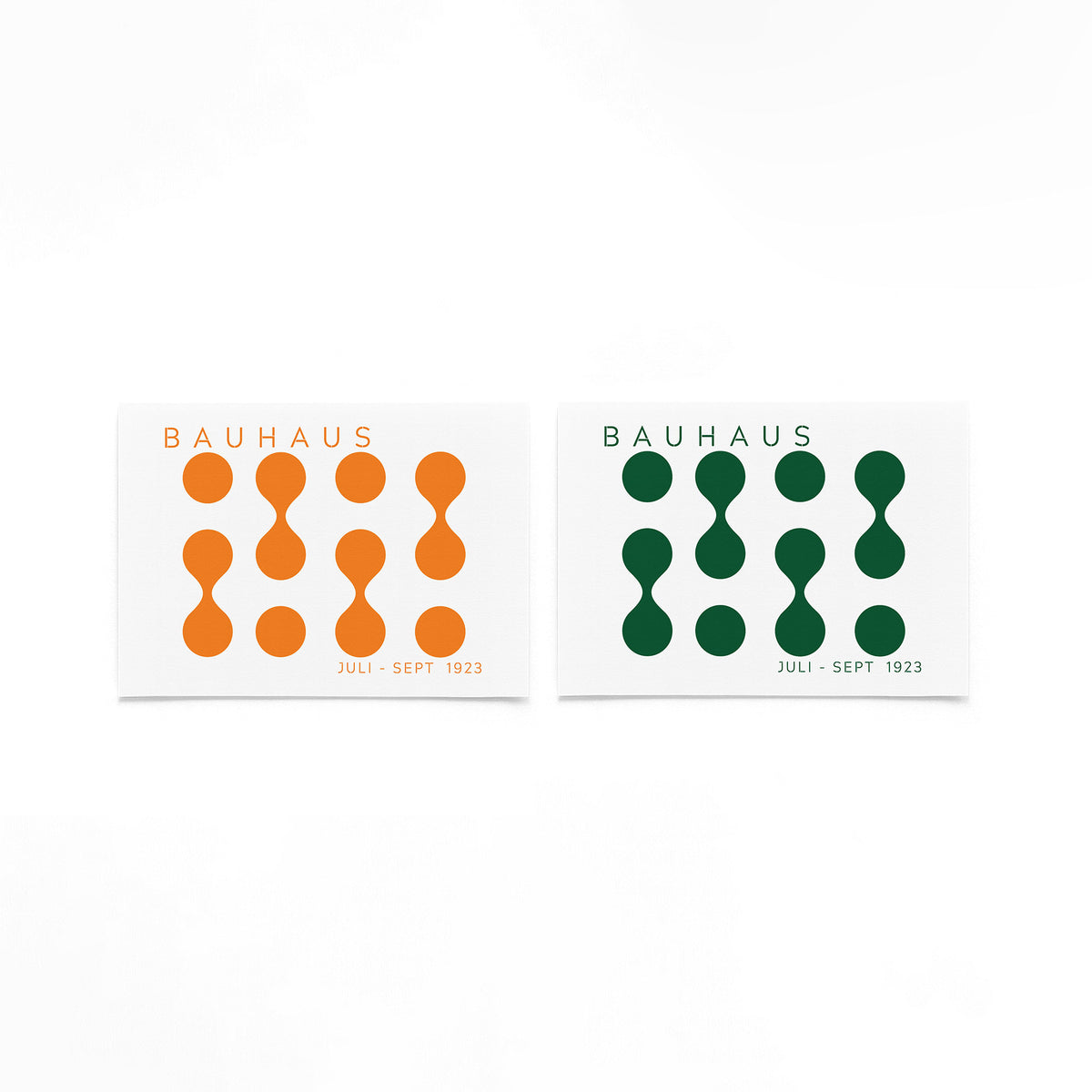 Twee landscape posters met oranje en groene cirkelritmes als vrijstaande productfoto