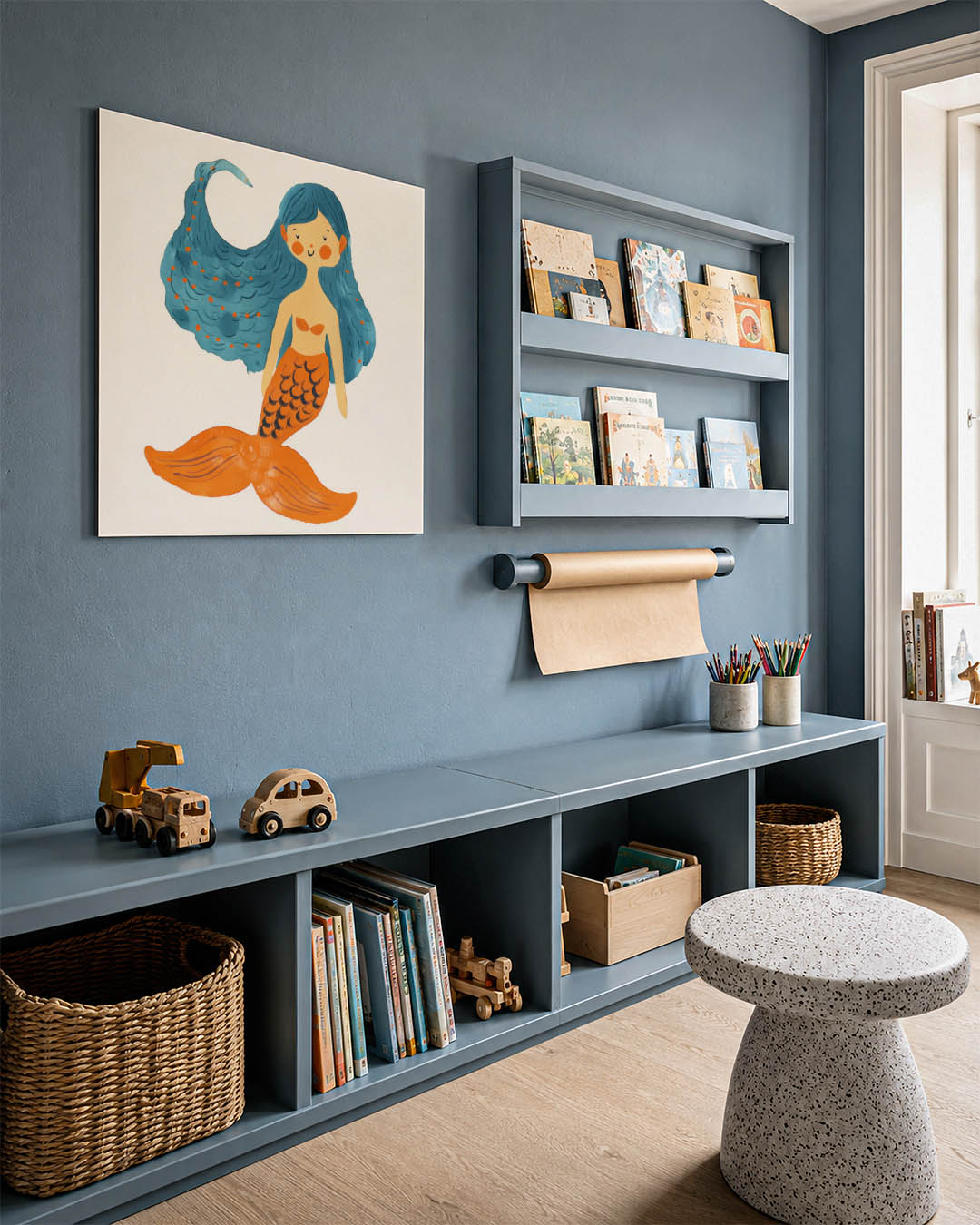 Vrolijke zeemeermin illustratie kunstwerk – detailweergave – dit werk toont een speelse zeemeermin met blauwe haren en een
