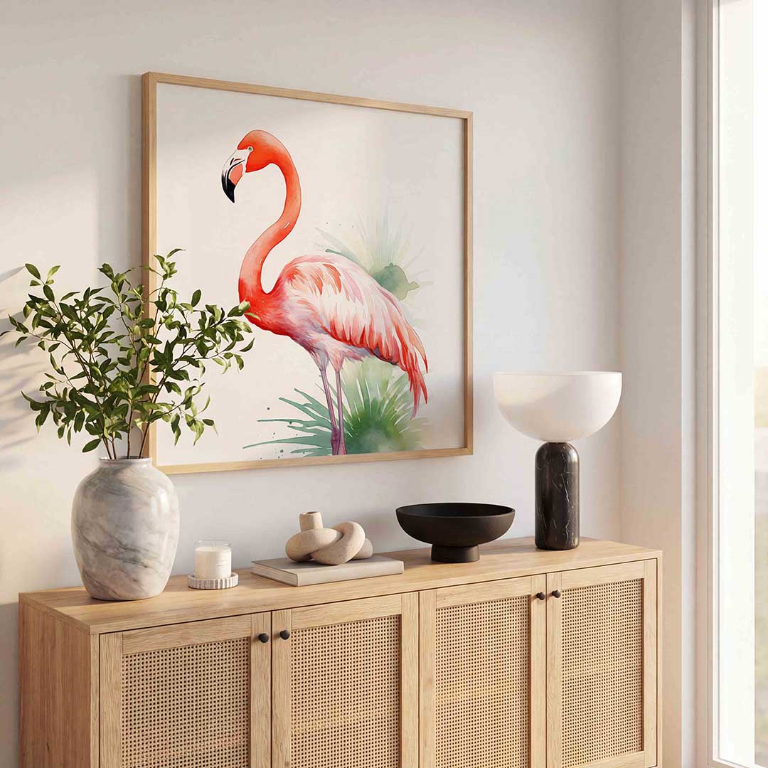 Flamingo met groene accenten – vierkante jungle wanddecoratie van WallArtistic