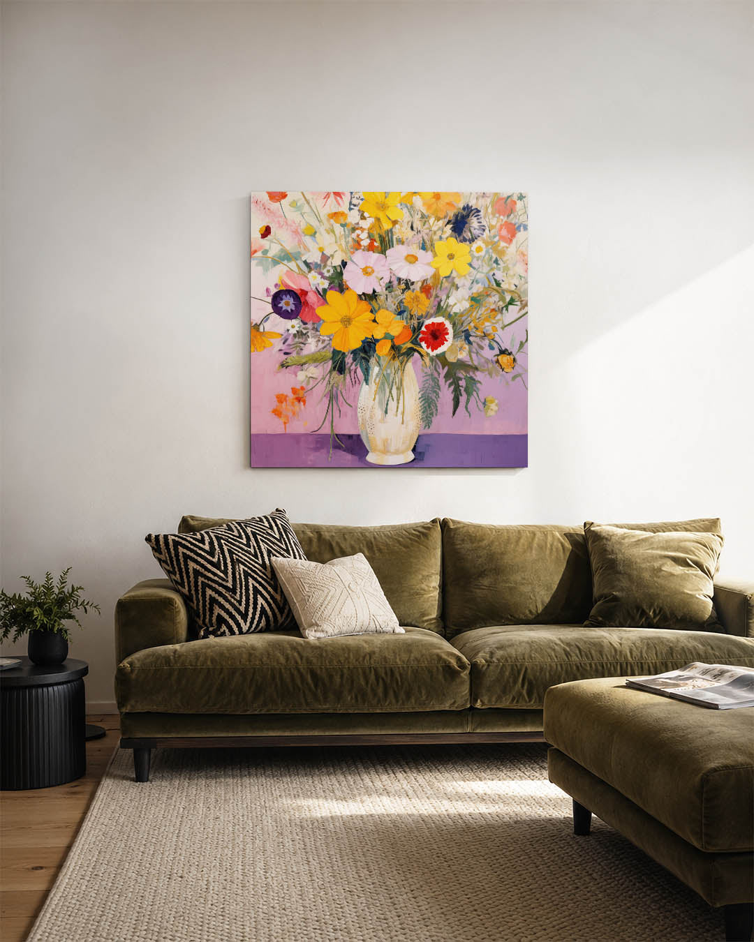 Bloemenpracht in vaas kunstwerk – sfeerbeeld – dit toont een levendig boeket bloemen in een vaas, met een harmonieuze mix van