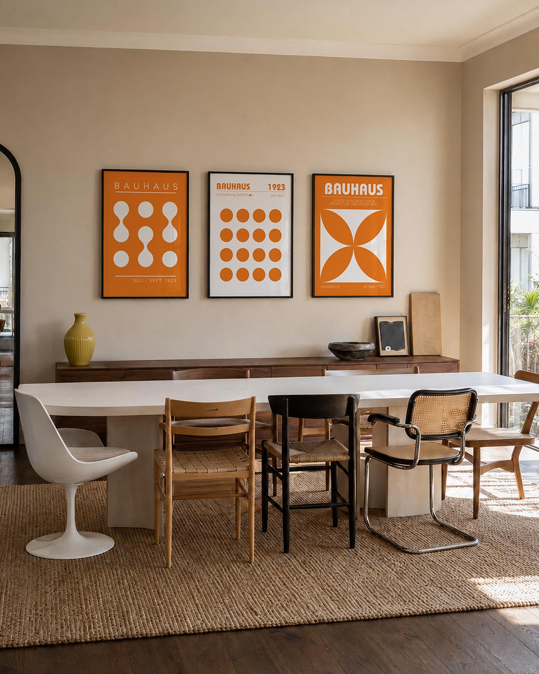 Vormen en vlakken posterset – tweede productweergave – deze posterset in drie delen toont een levendig spel van witte cirkels