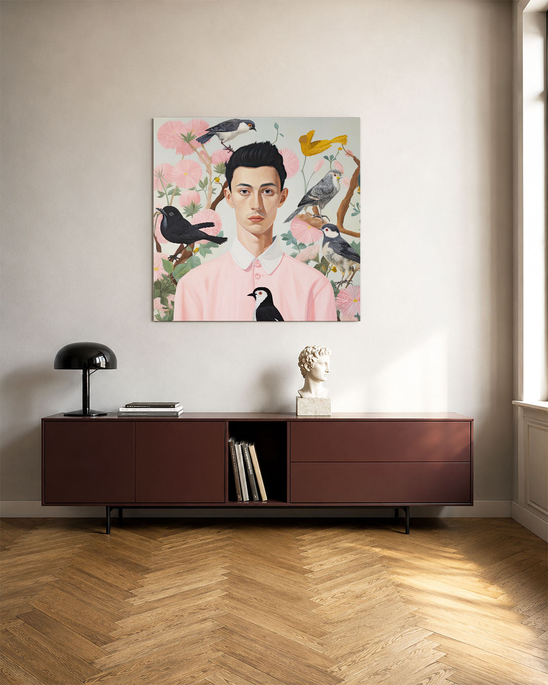 Vogels en bloemen portret kunstwerk – tweede productweergave – dit kunstwerk toont een serene compositie van een persoon