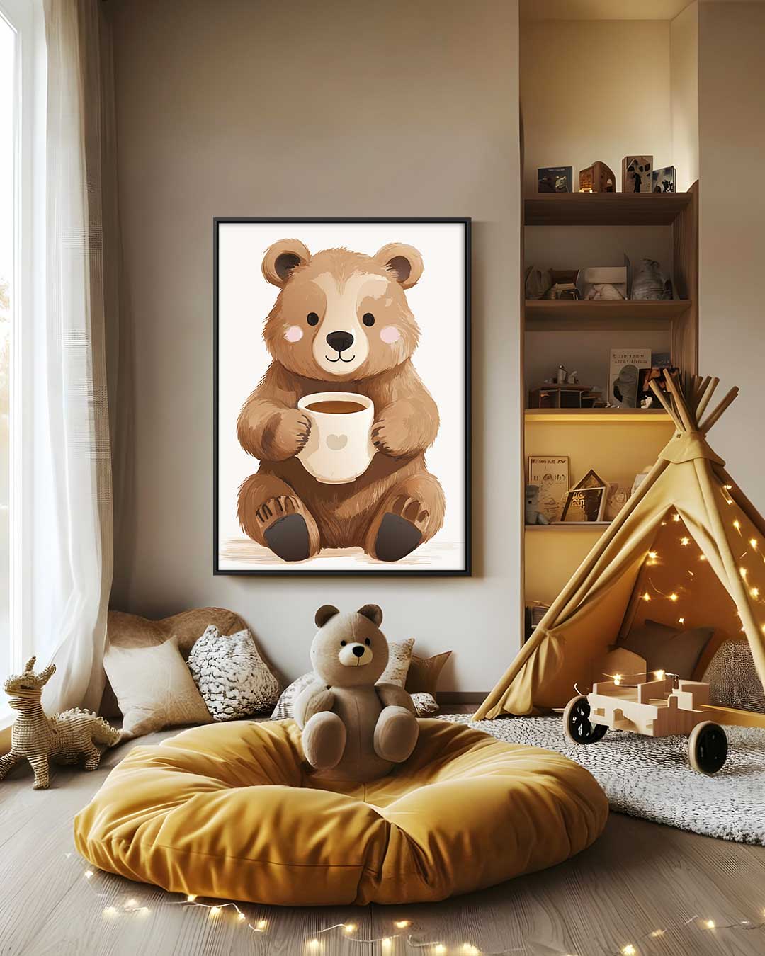 Knuffelbeer met Kopje Koffie – modern portret kunstwerk van WallArtistic