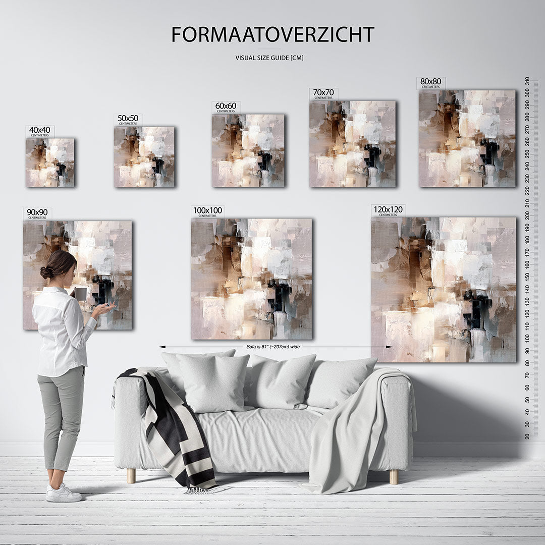 Gelaagde compositie kunstwerk – materiaalweergave – dit werk toont een dynamische mix van rechthoekige vormen in zachte