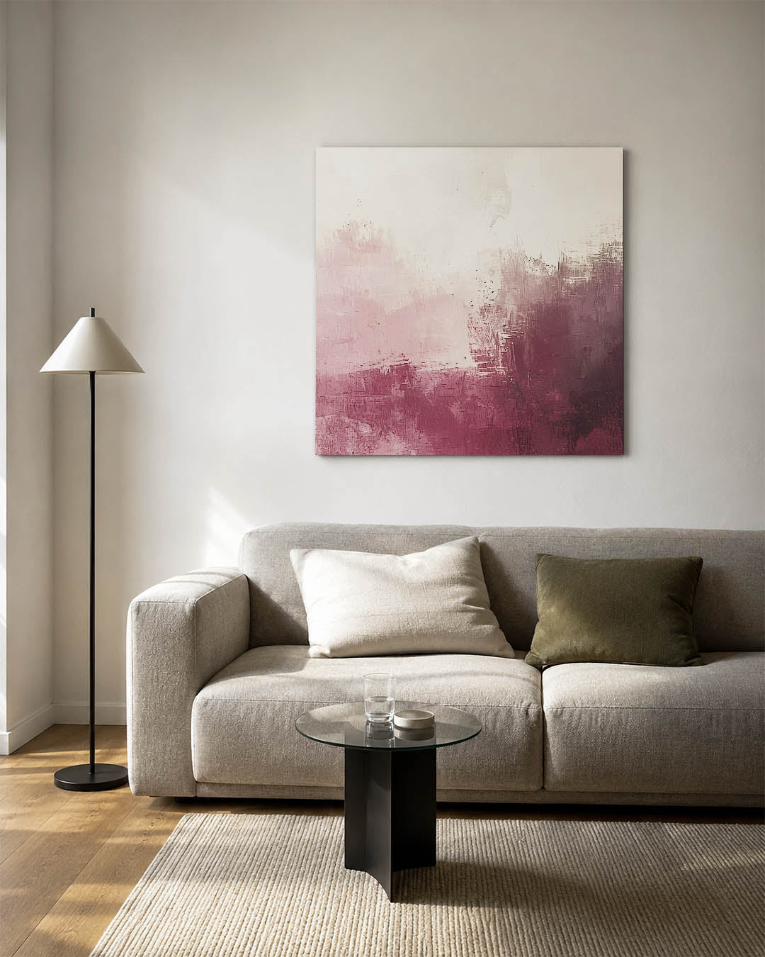 Gelaagde kleurencompositie kunstwerk – vierkante wanddecoratie – dit werk toont een subtiele mix van roze en beige tinten