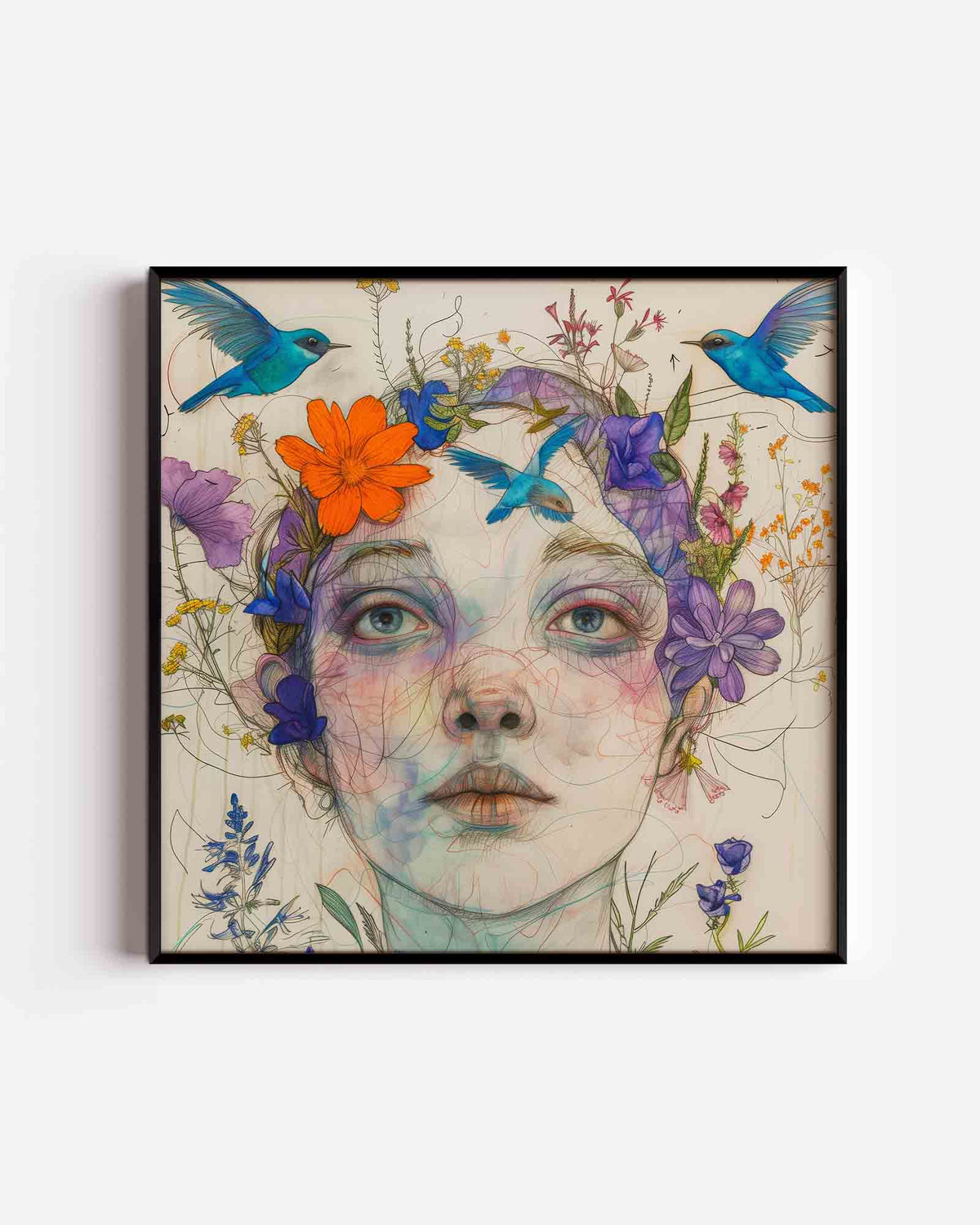 Vrouw met bloemen en vogels – design vierkante poster als wanddecoratie