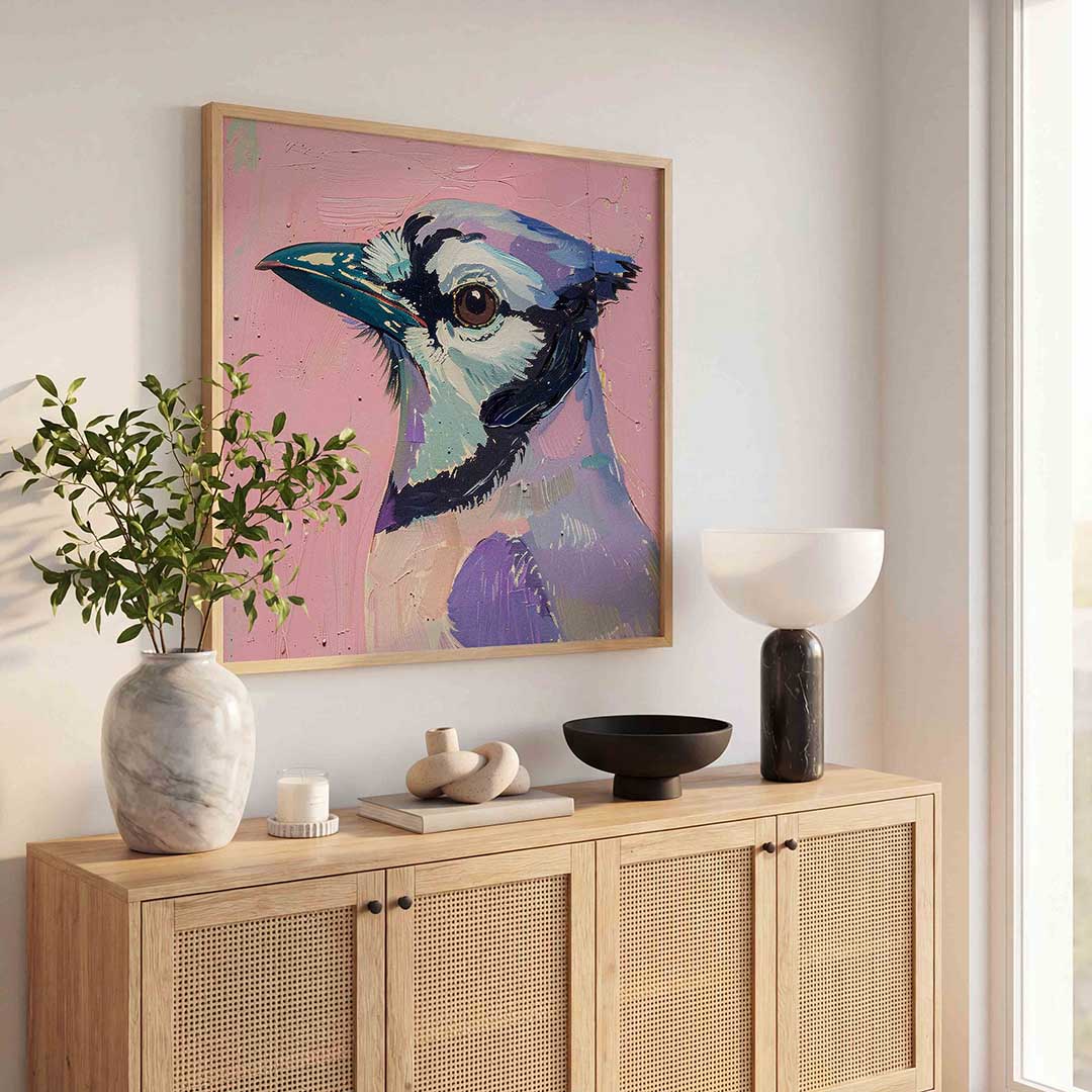 Vogel met roze achtergrond – vierkante jungle wanddecoratie van WallArtistic