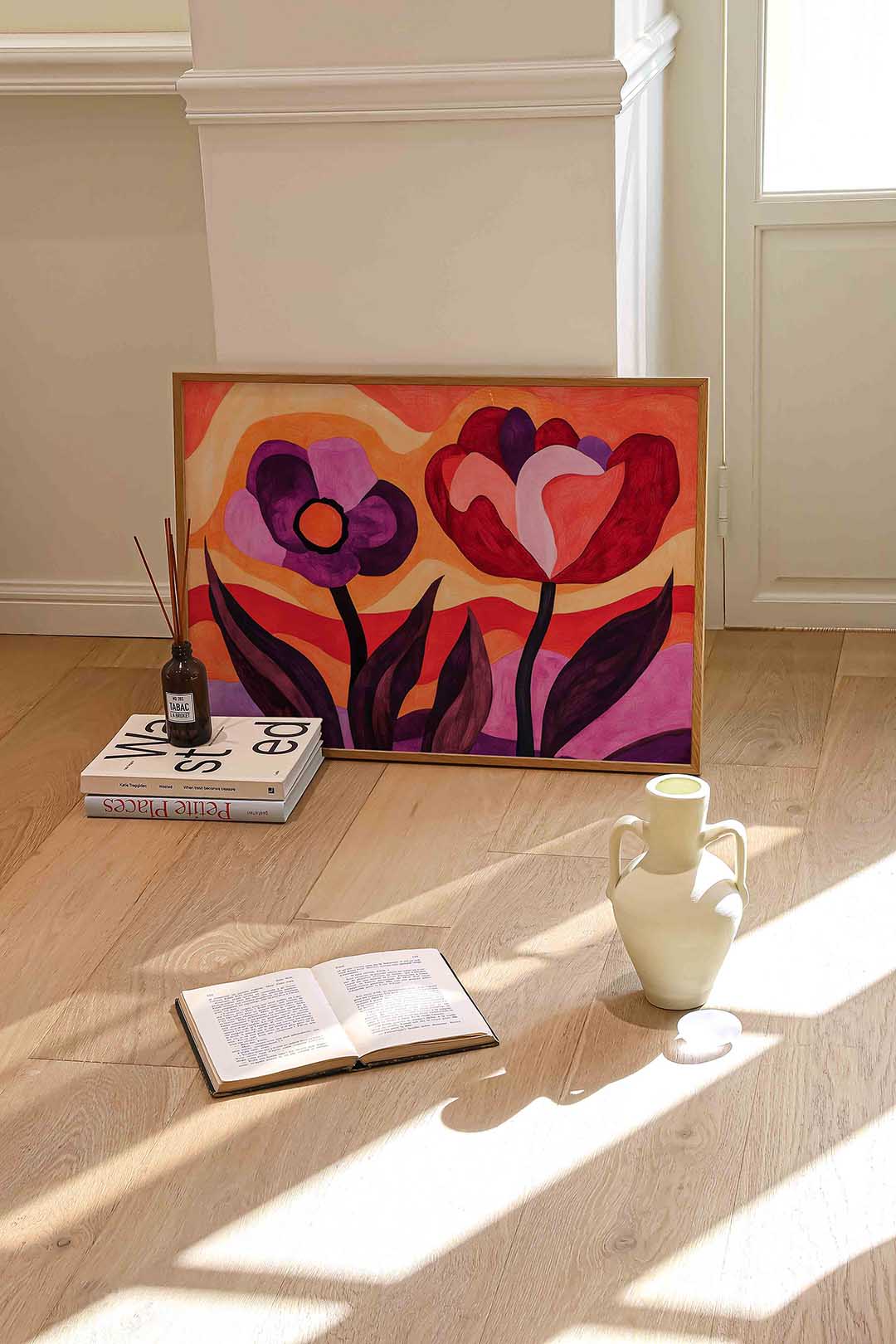 Bloemen in golvende kleuren – liggende abstracte wanddecoratie van WallArtistic