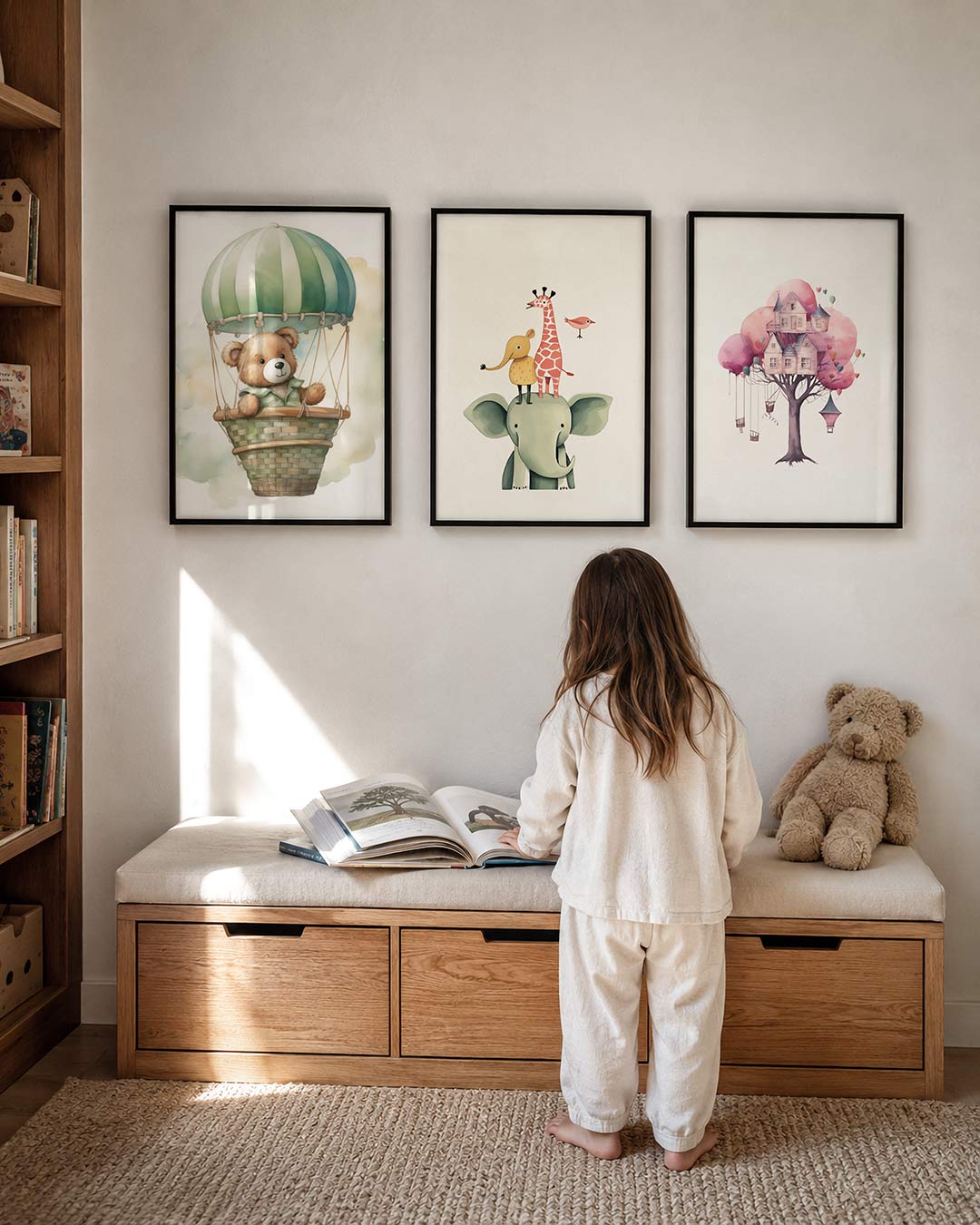 Luchtige droomvlucht posterset – derde productweergave – een schattige teddybeer zweeft in een luchtballon met