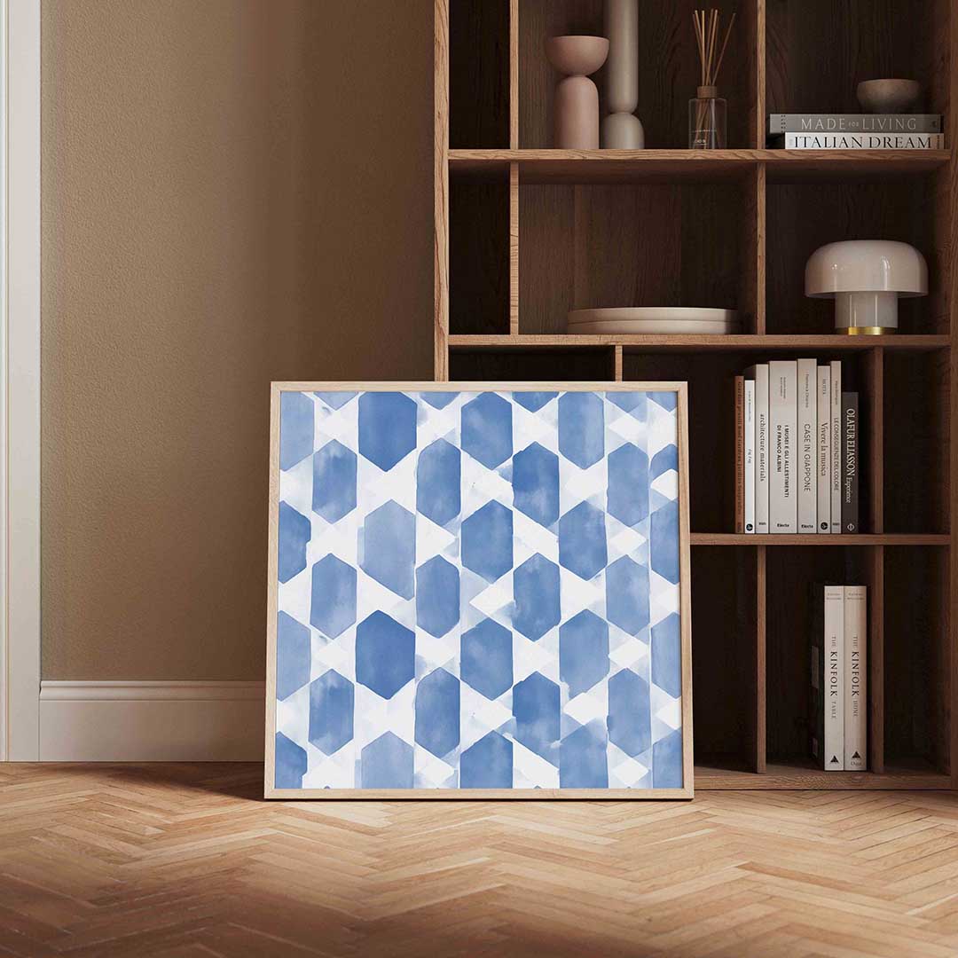 Blauwe geometrische vormen – vierkante wanddecoratie met kleur en vorm van WallArtistic