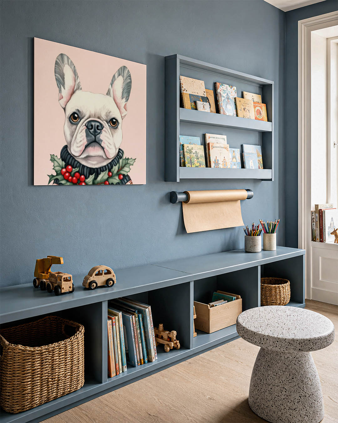 Hond met kerstkrans kunstwerk – detailweergave – dit werk toont een hond met een gedetailleerde kerstkrans. De zachte kleuren