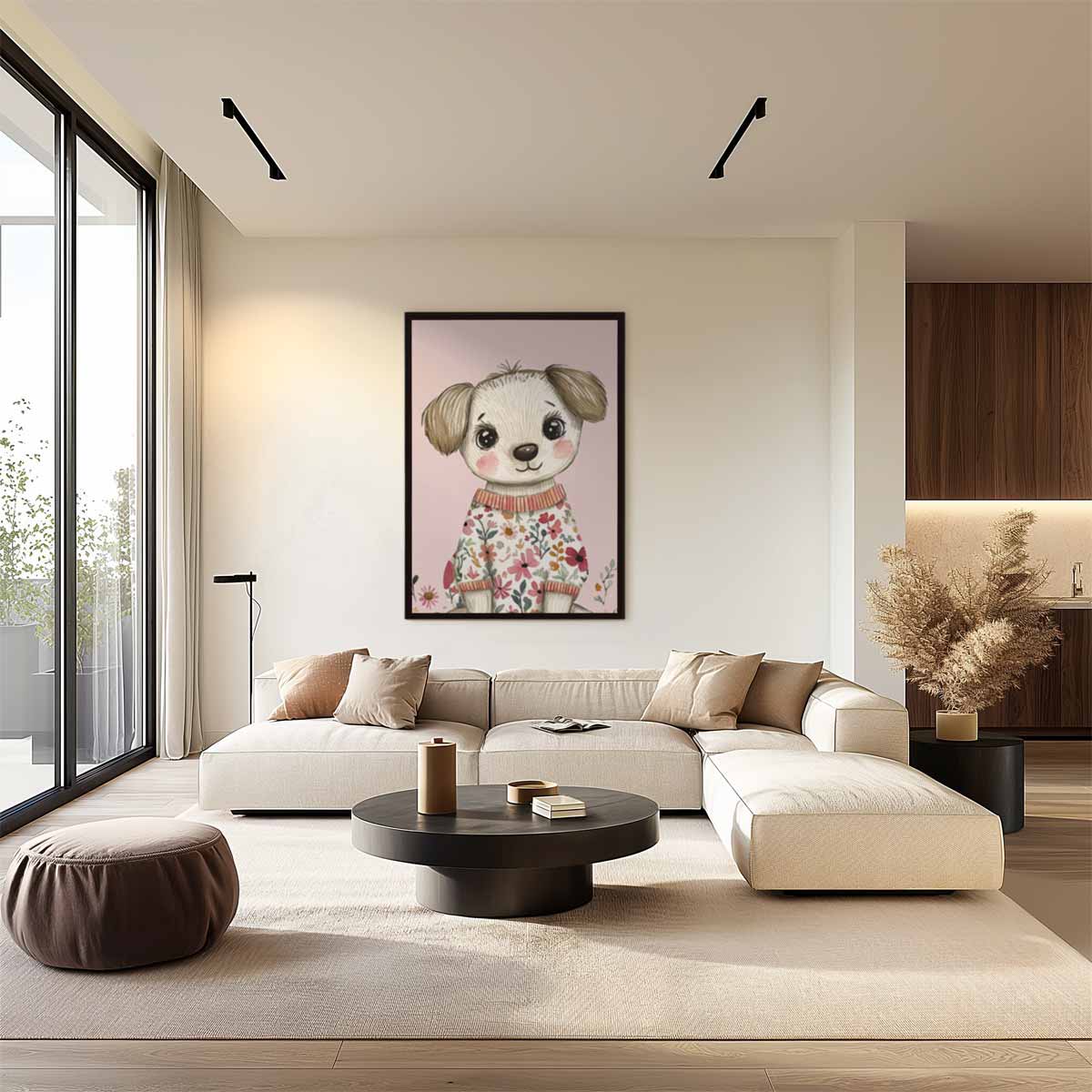 Schattig Bloemenhondje – dibond wanddecoratie in staand formaat