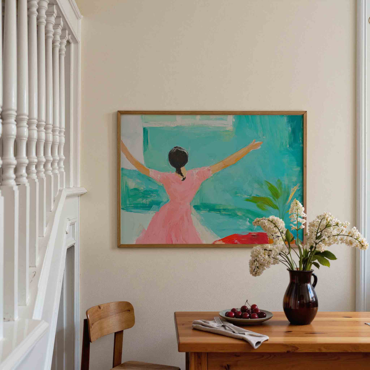 Vrouw in roze jurk – liggende illustratie poster als wanddecoratie