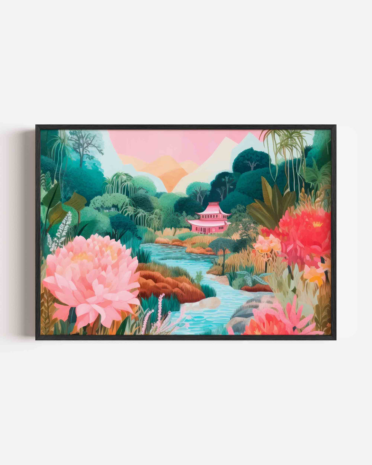 Serene landschap met tempel – moderne landscape poster als wanddecoratie