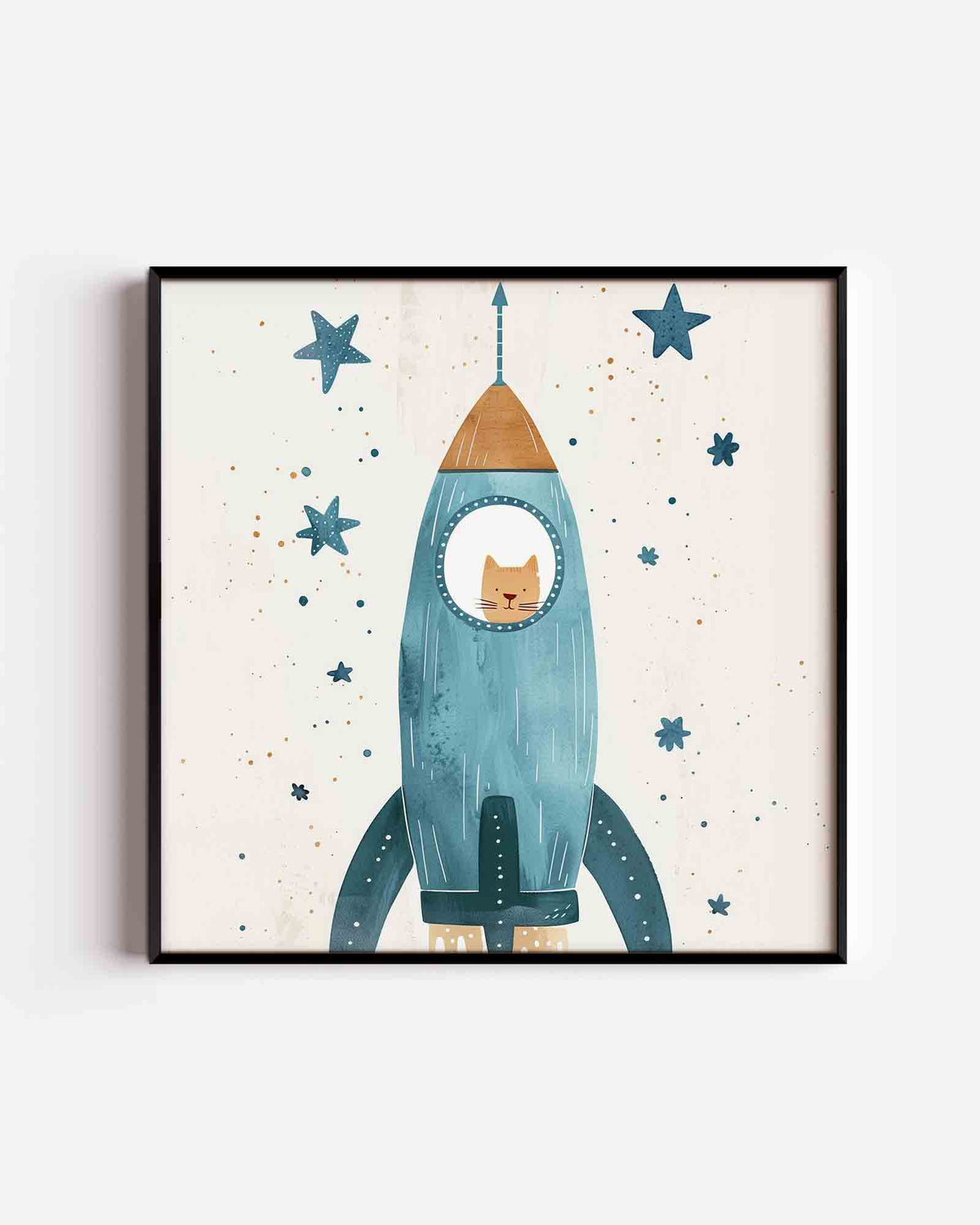 Kat in raket – vierkante kinderposter als wanddecoratie