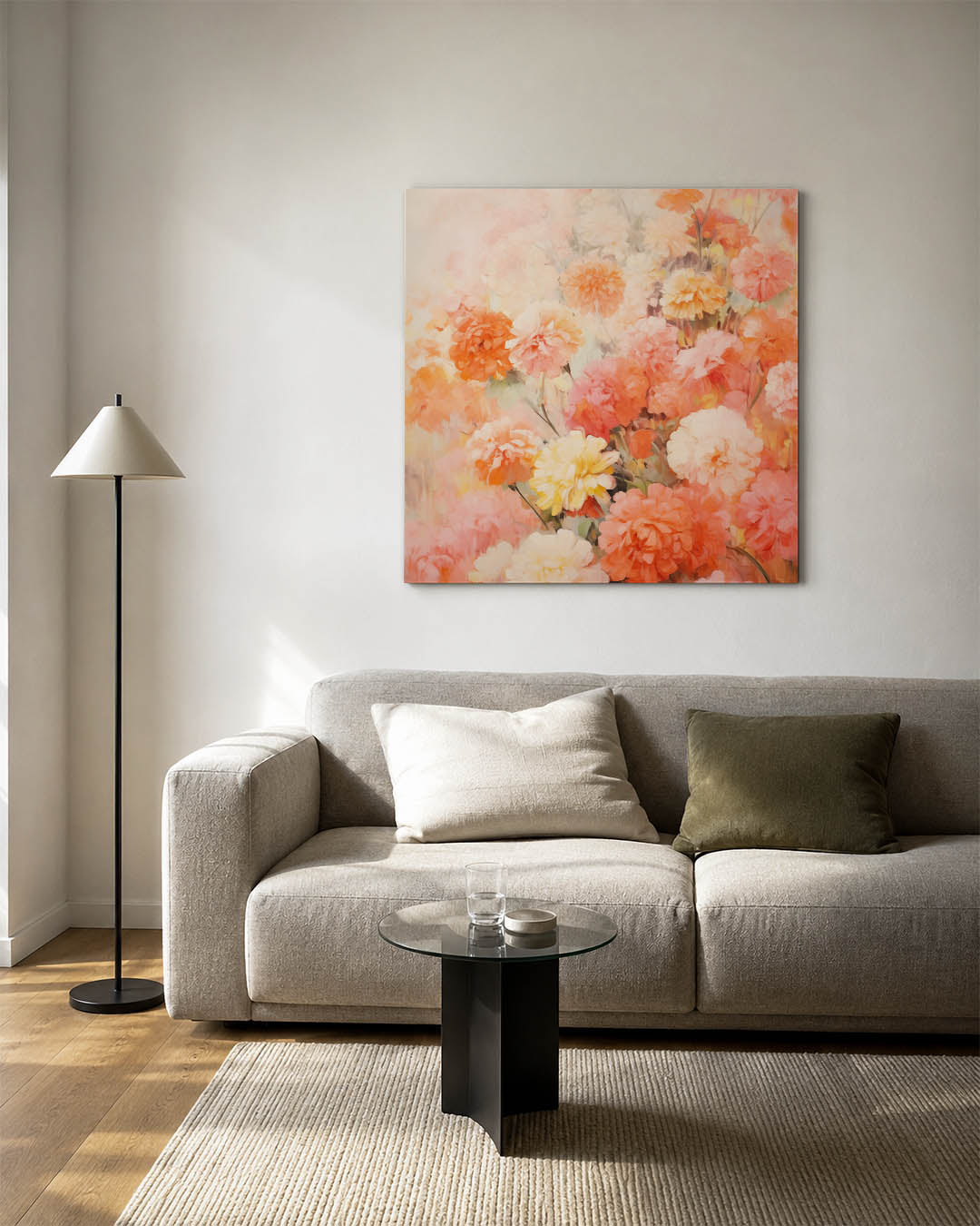 Bloemenexplosie kunstwerk – detailweergave – dit werk toont een overvloed aan bloemen in warme tinten. De compositie is