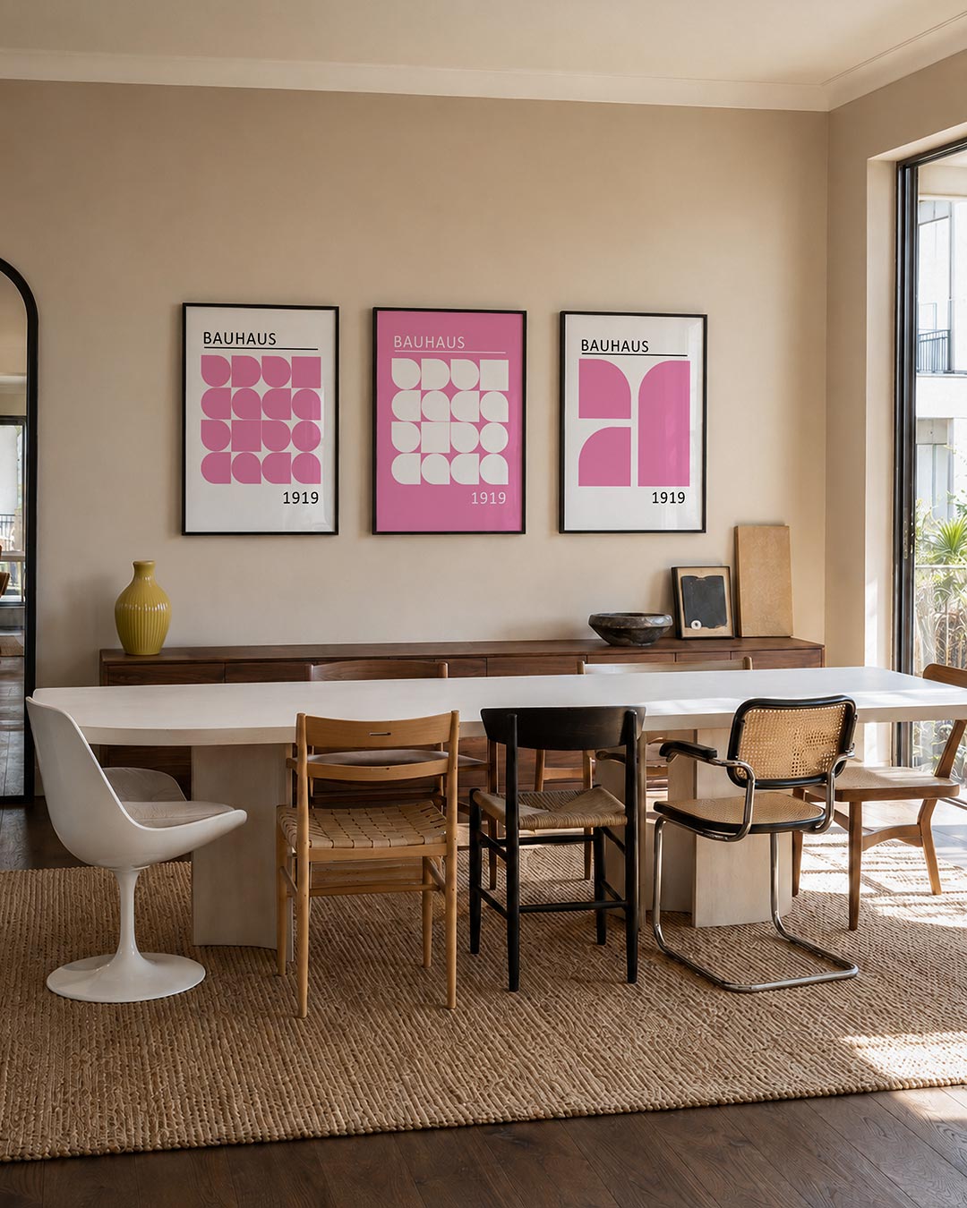 Vormen en kleurvlakken driedelige posterset – deze posterset in drie delen toont een speelse combinatie van roze vormen op