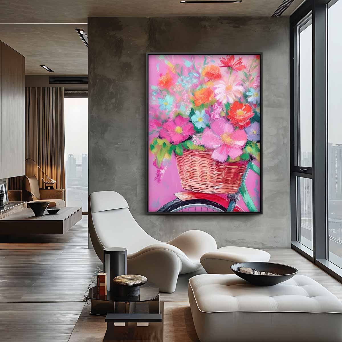 Bloemenmandje op Fiets – canvas kunstwerk als wanddecoratie