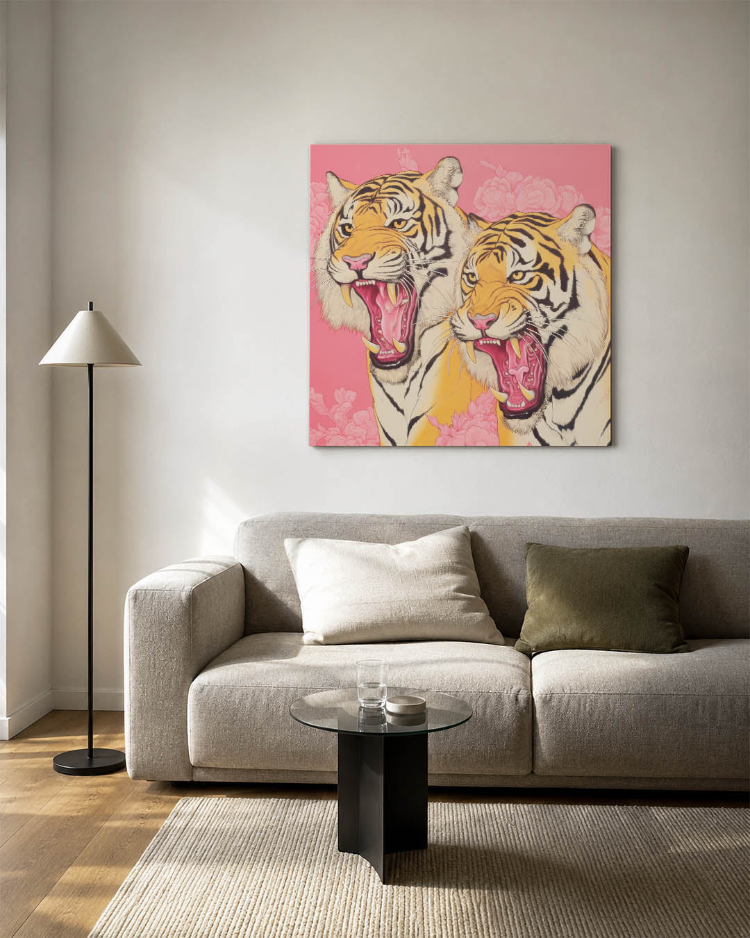 Tijgers op roze achtergrond kunstwerk – detailweergave – dit werk toont twee brullende tijgers met gedetailleerde strepen en