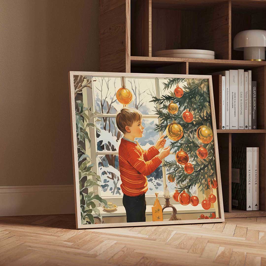 Jongen bij kerstboom – vierkante kerst wanddecoratie van WallArtistic
