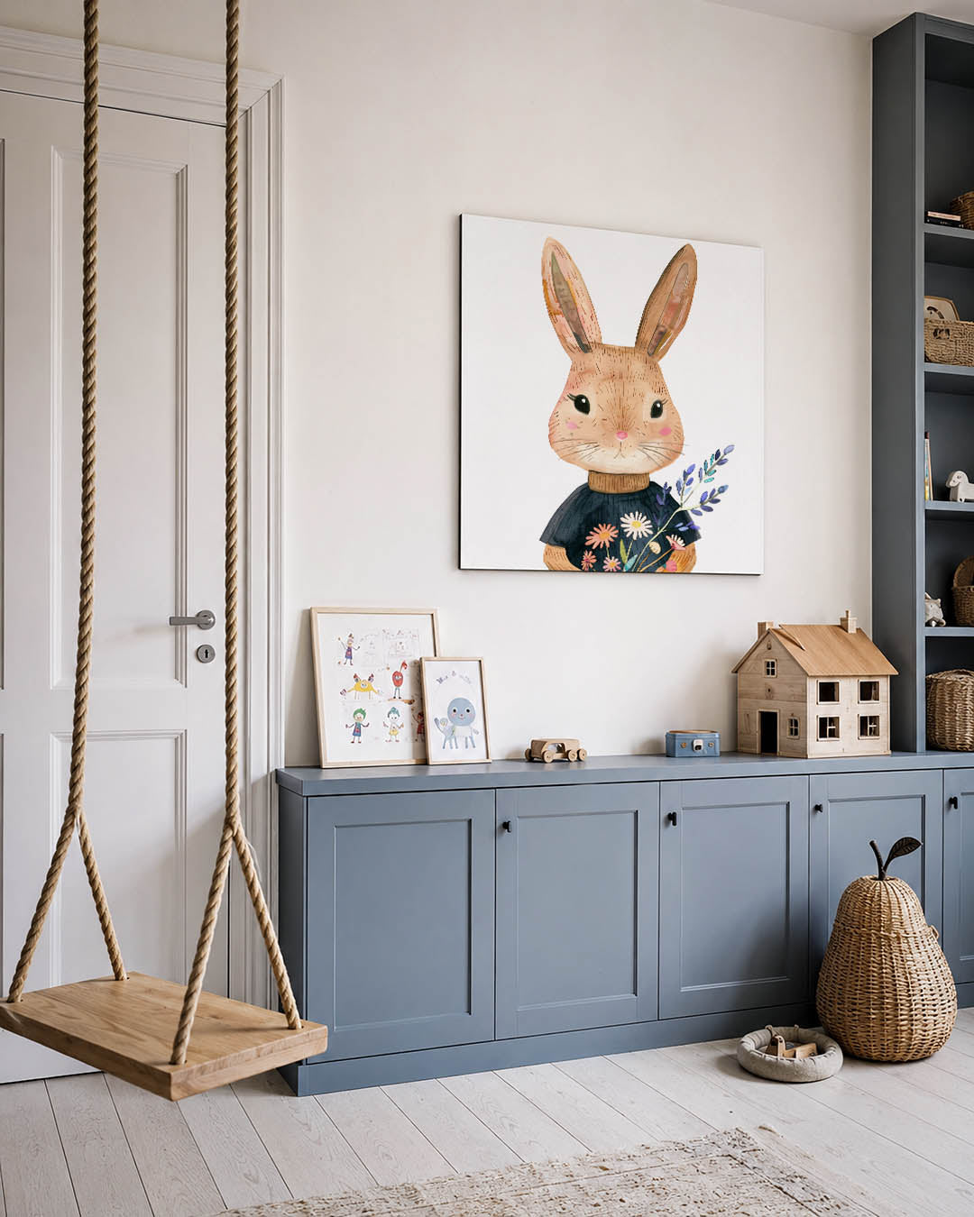 Vrolijke konijn illustratie kunstwerk – vierkante wanddecoratie – dit toont een schattig konijn met grote oren en een