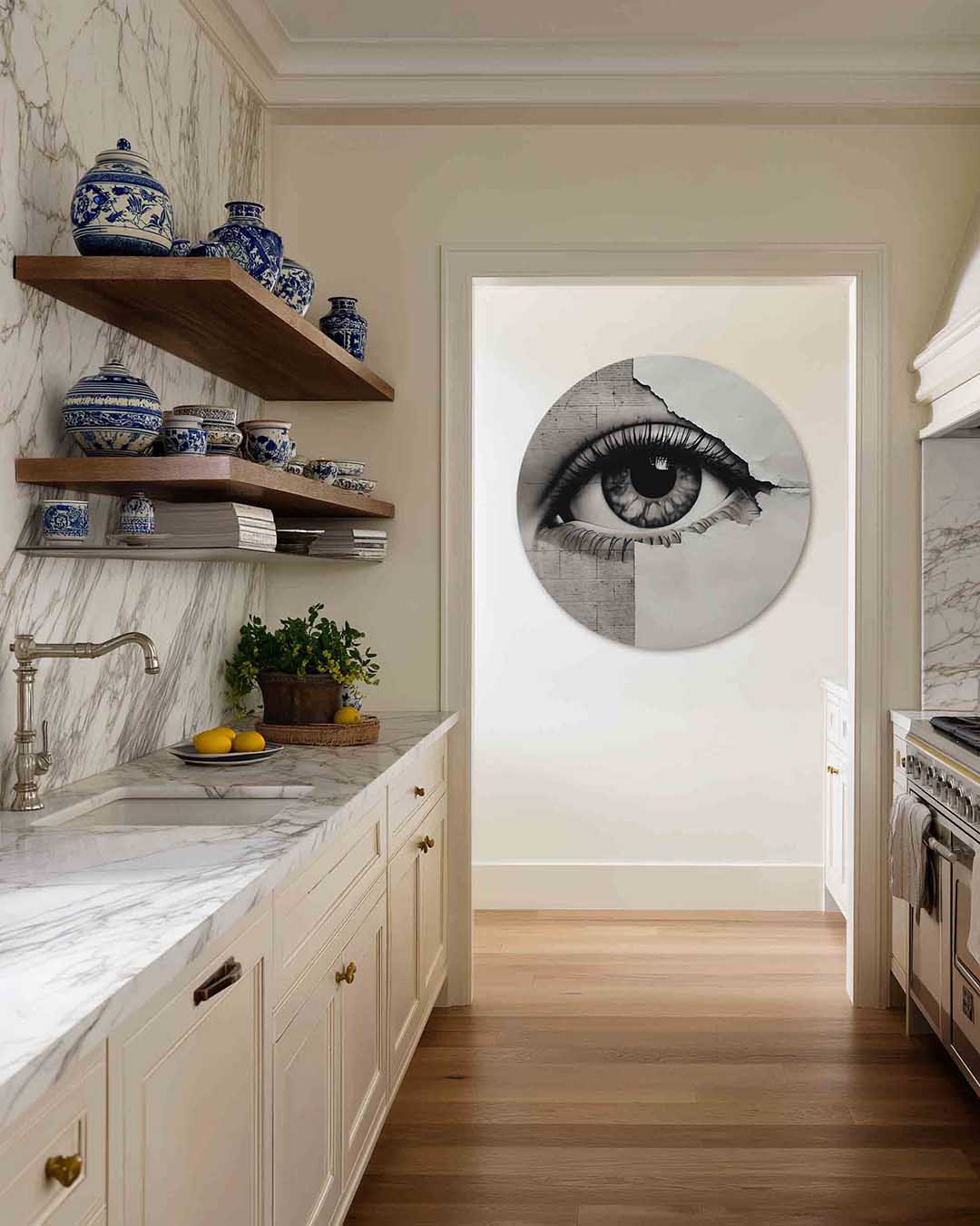 Oog en papier – moderne abstracte muurcirkel voor aan de muur
