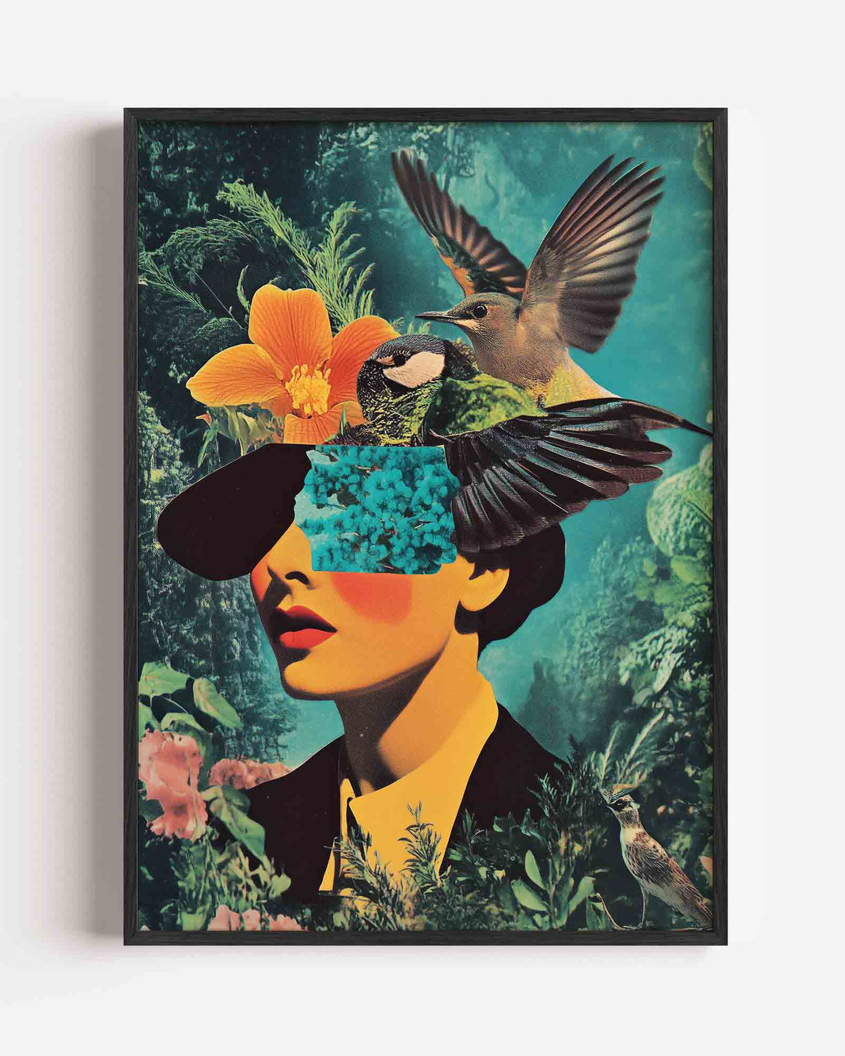 Vogels en bloemen collage – surrealistische portret poster als wanddecoratie