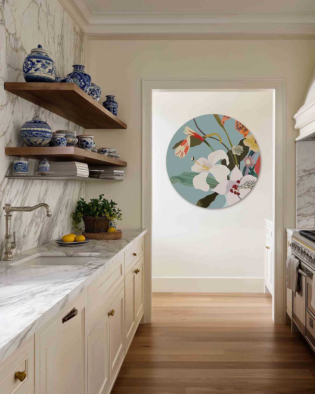 Bloemen in vaas – moderne abstracte muurcirkel voor aan de muur