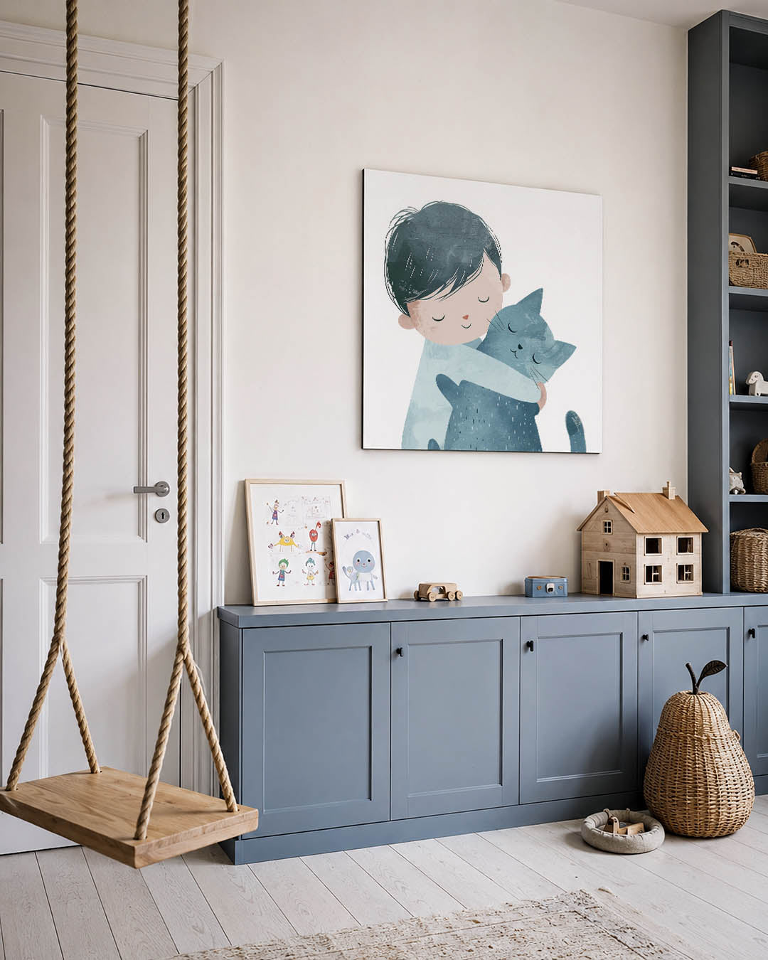 Kind met kat kunstwerk – vierkante wanddecoratie – een kind omarmt liefdevol een kat. De zachte kleuren en eenvoudige lijnen