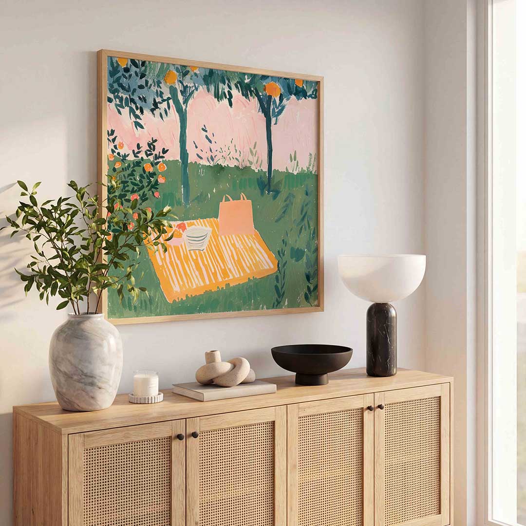Picknick onder sinaasappelbomen – illustratie poster in vierkant formaat