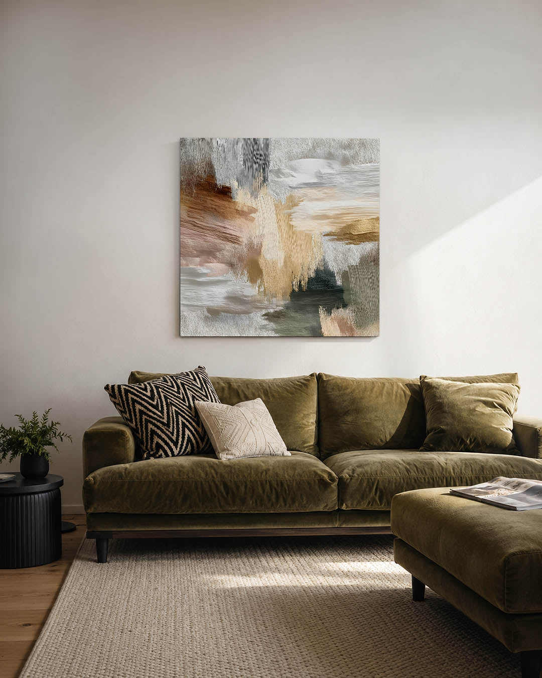 Dynamische kleurencompositie kunstwerk – derde productweergave – dit werk toont een levendige mix van beige, bruin en grijs.