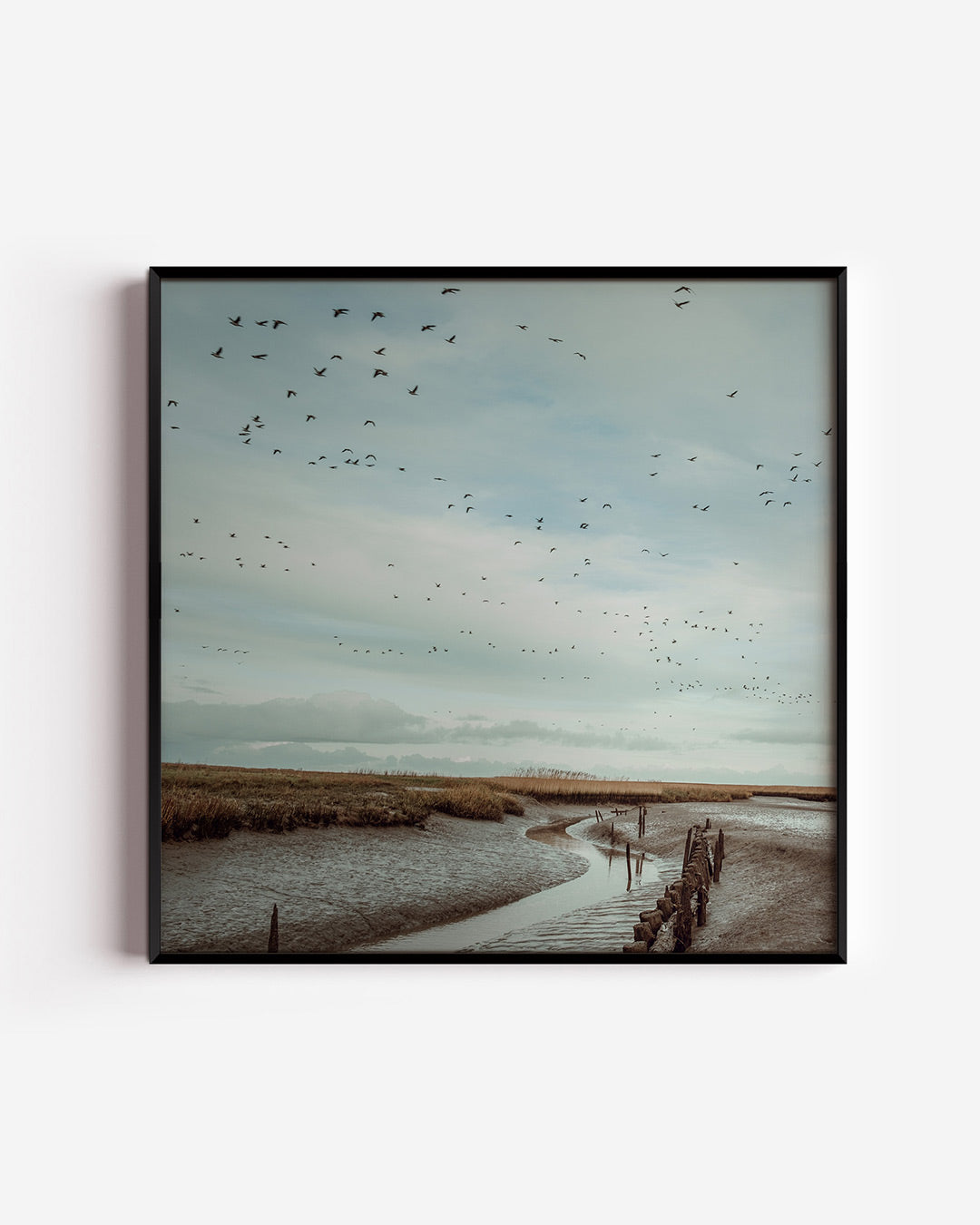 Vogels boven landschap poster – vierkante wanddecoratie – een serene lucht vol vogels boven een uitgestrekt landschap met een