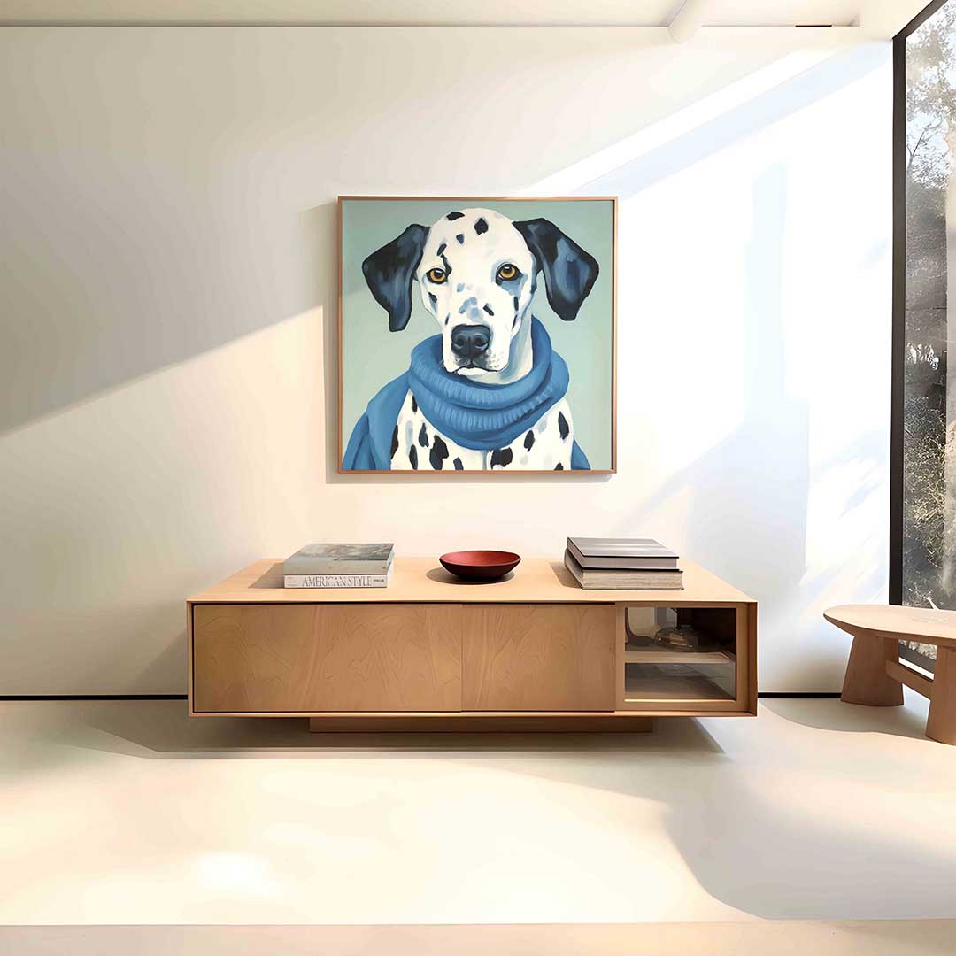 Dalmatier met blauwe trui – vierkante dieren wanddecoratie van WallArtistic