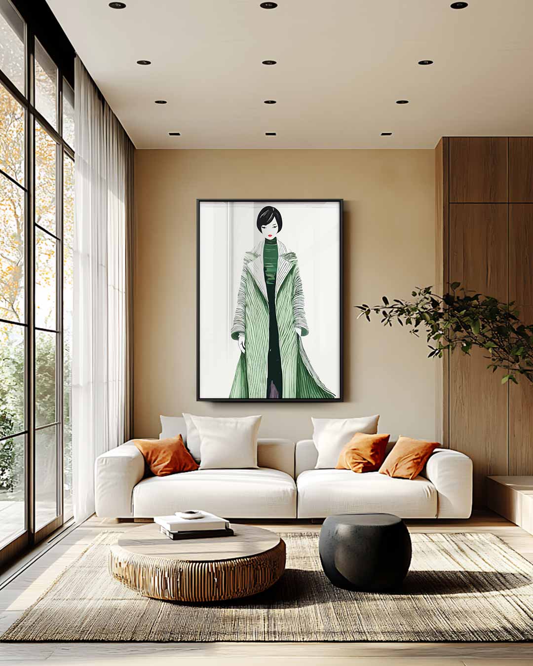 Moderne Modekunst met Groene Jas – staand kunstwerk voor modern interieur