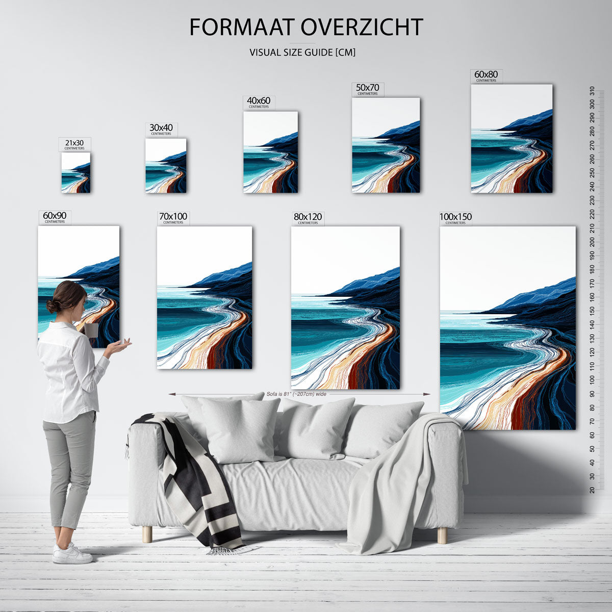 Golvende kustlijn – staande muurposter met abstracte vormen