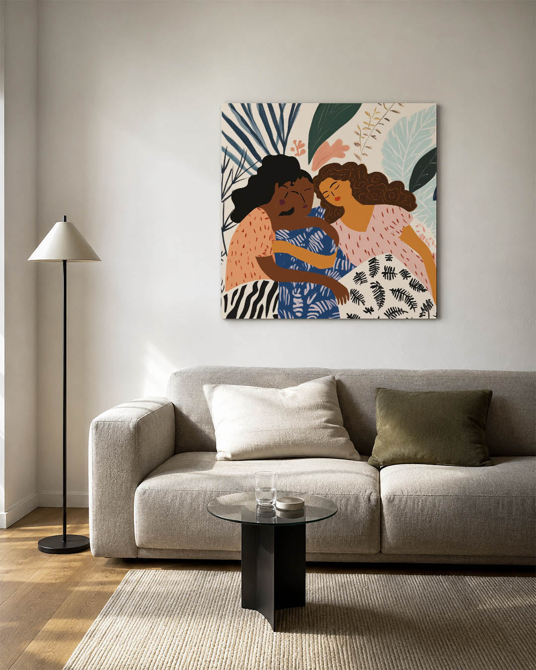 Vriendschap en natuur kunstwerk – detailweergave – dit kunstwerk toont drie figuren in een omhelzing, omringd door bladeren
