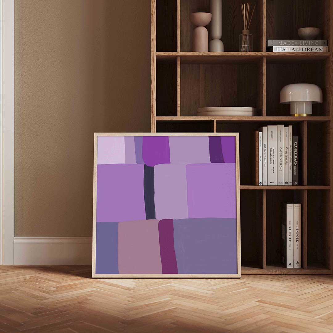 Paarse rechthoeken – kleurrijke vierkante wanddecoratie van WallArtistic