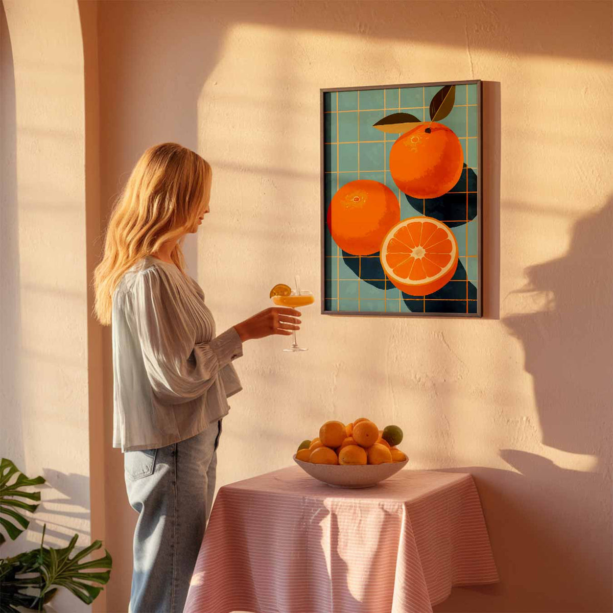 Zonnige Sinaasappels op Blauwe Tegels – keuken poster als sfeervolle staande wanddecoratie