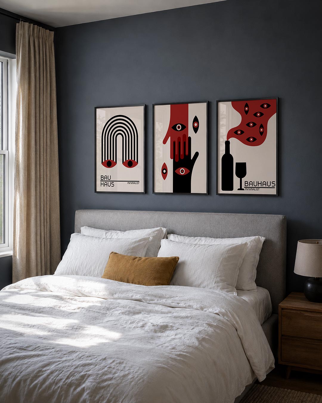Lijnen en ogen posterset – derde productweergave – deze posterset in drie delen toont een boog van zwarte lijnen met twee
