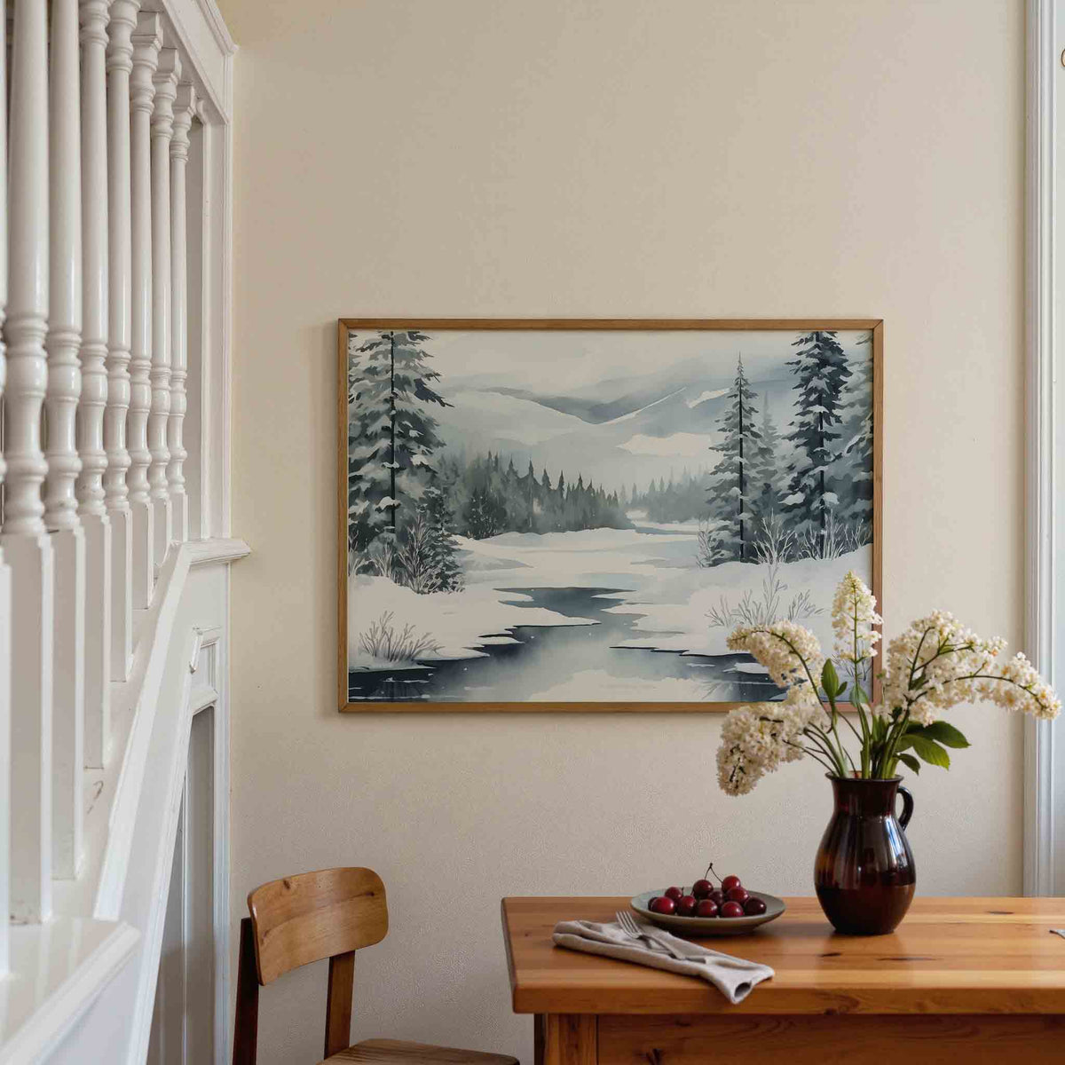 Winterlandschap met besneeuwde bomen – liggende illustratie poster als wanddecoratie