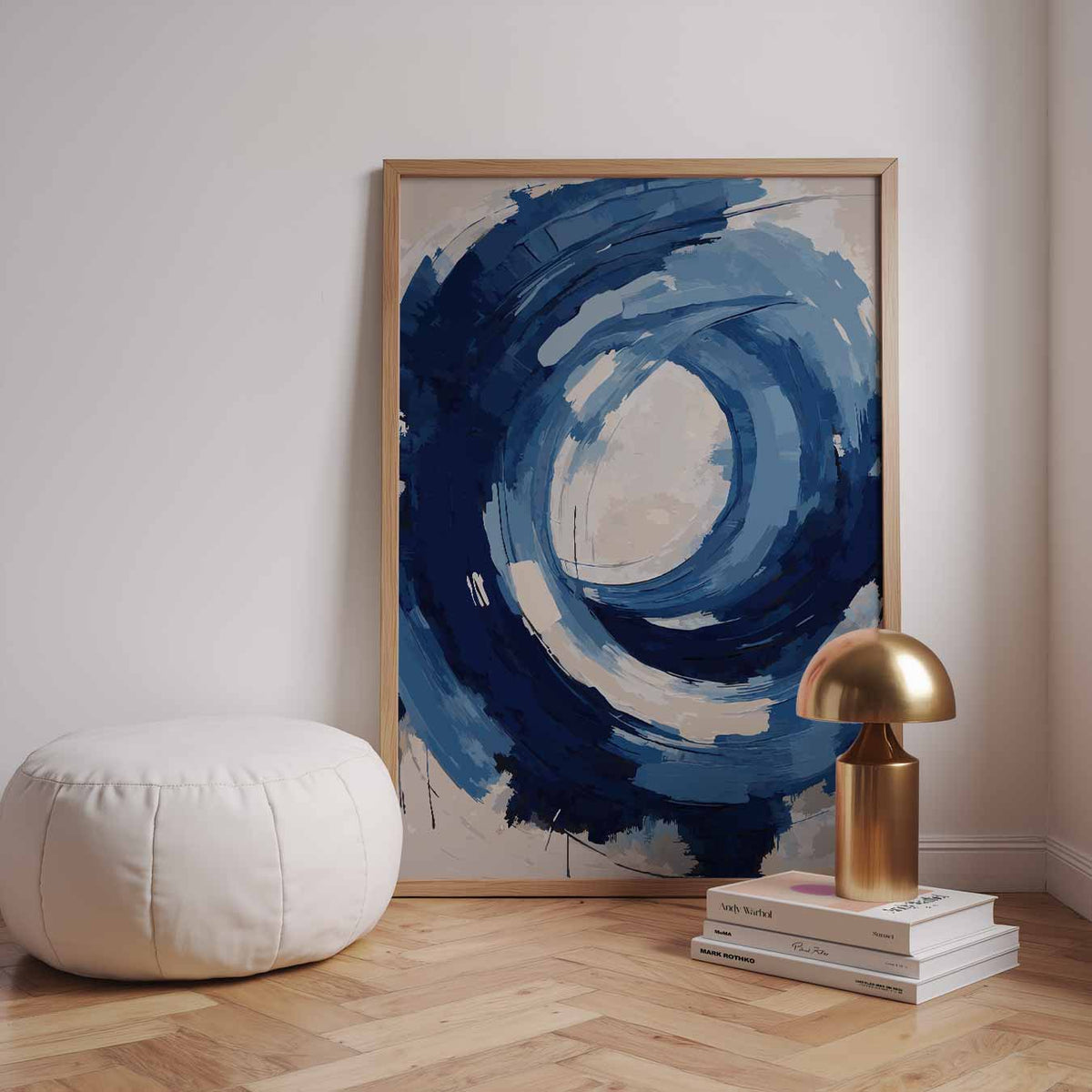 Abstracte Blauwe Cirkel – staande kleurrijke abstracte wanddecoratie van WallArtistic