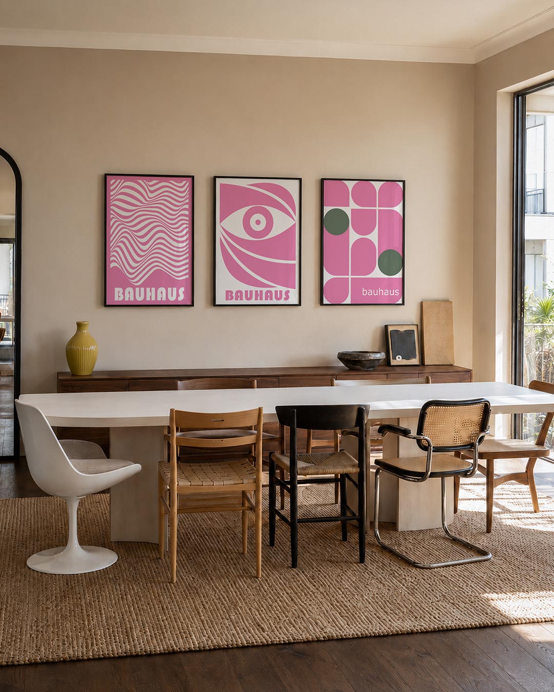 Golvend lijnenspel driedelige posterset – deze posterset in drie delen toont vloeiende, roze en witte lijnen die ritmisch