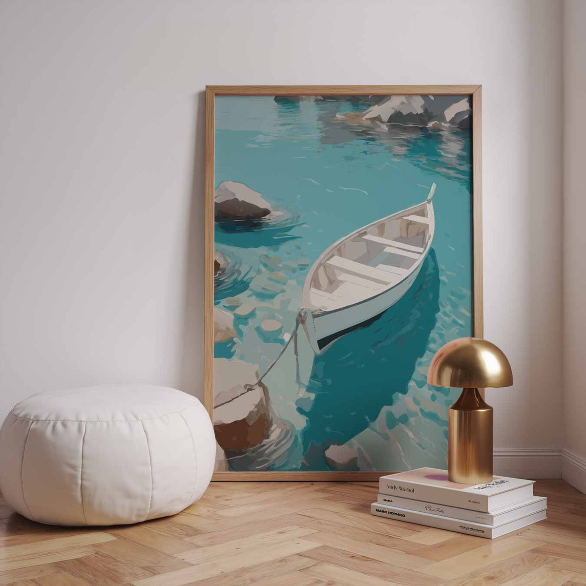 Rustgevende Boot op Helder Blauw Water – zomerse wandkunst als portret poster