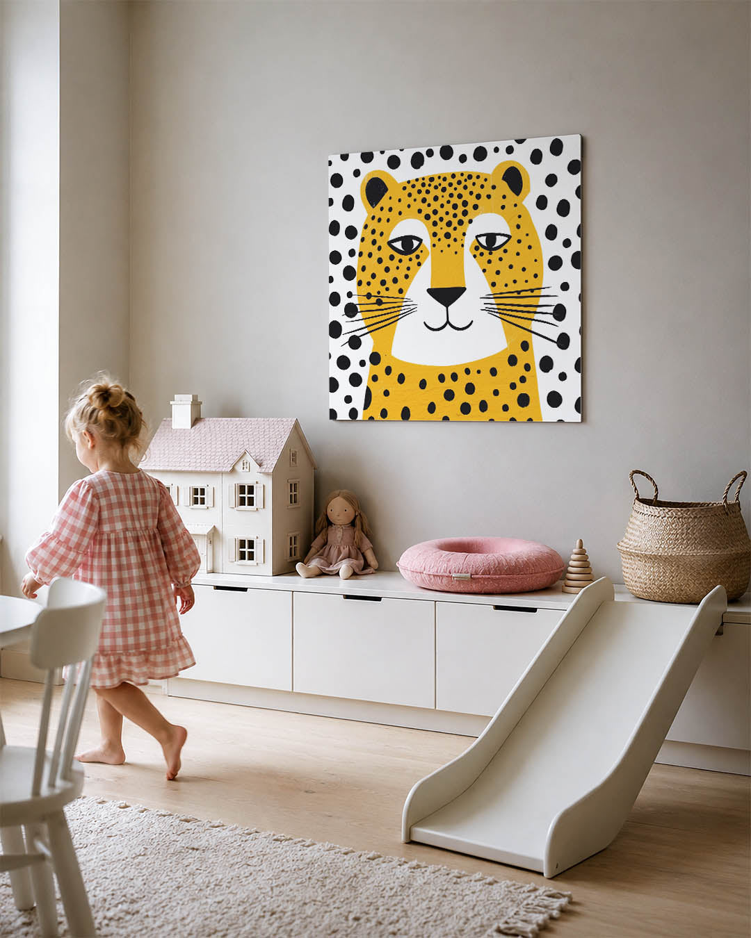 Grafische luipaard illustratie kunstwerk – tweede productweergave – dit werk toont een gestileerd luipaard met een speels